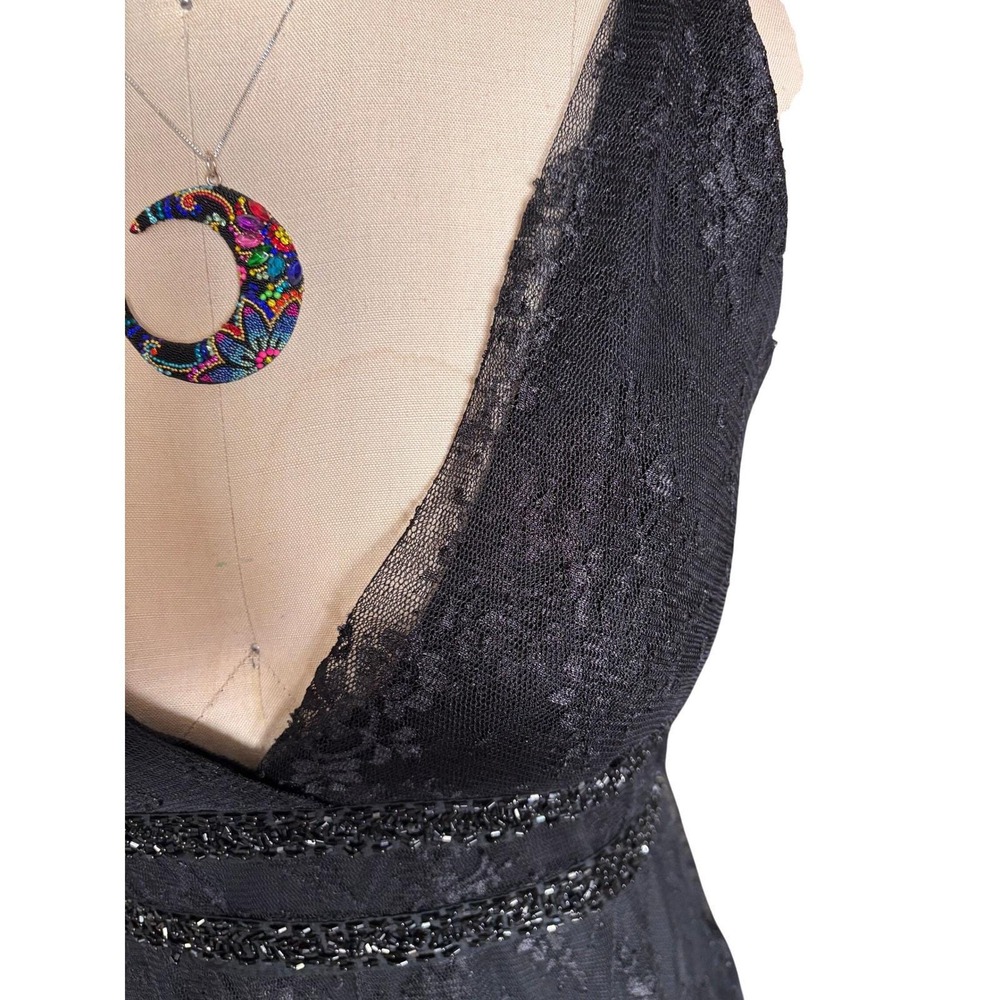 Y2K Lace Cocktail Dress Black Beaded Whimsigoth Empire Waist V-Neck Vintage - Picture 2 of 10